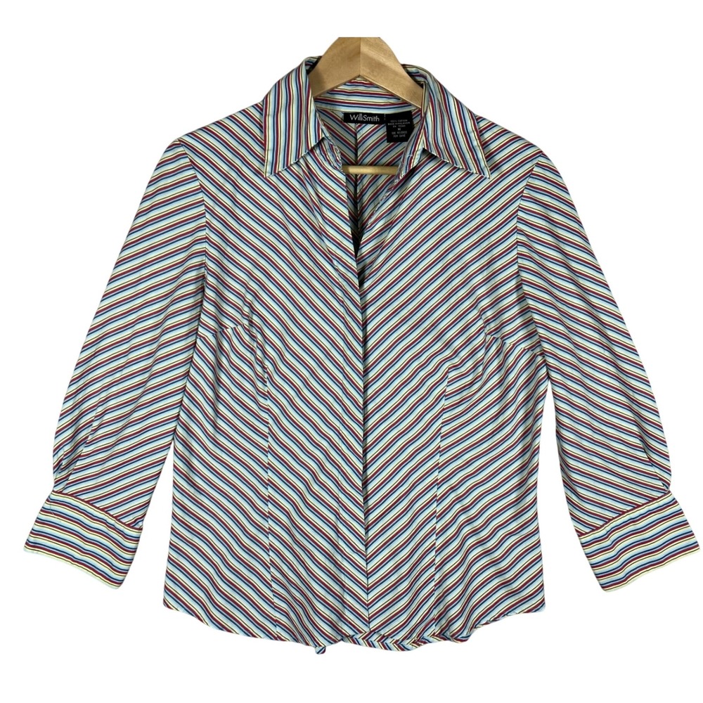 Vtg Willi Smith Striped 3/4 Sleeve Blouse Button Down Shirt Multicolor Cotton M